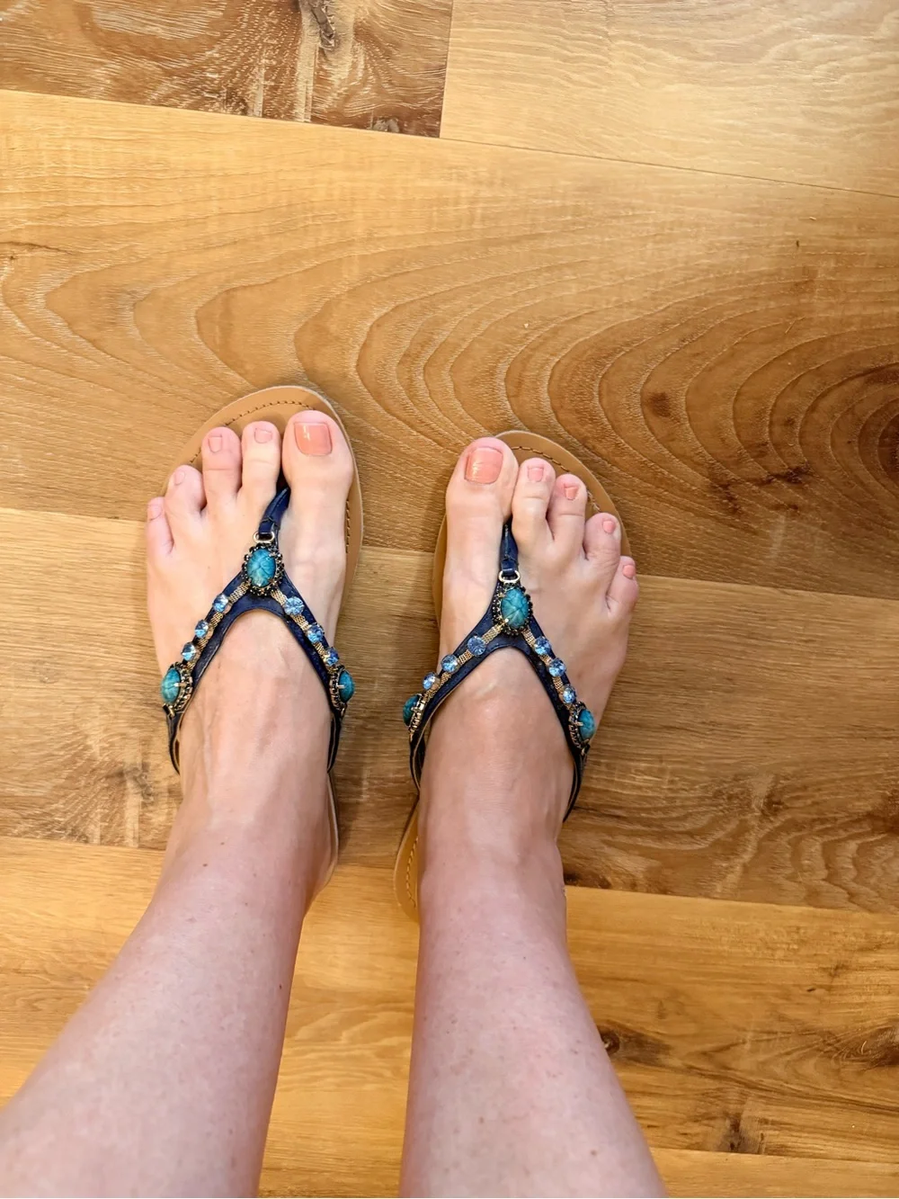 Unisa Navy and Turquoise Jeweled Thong Sandals